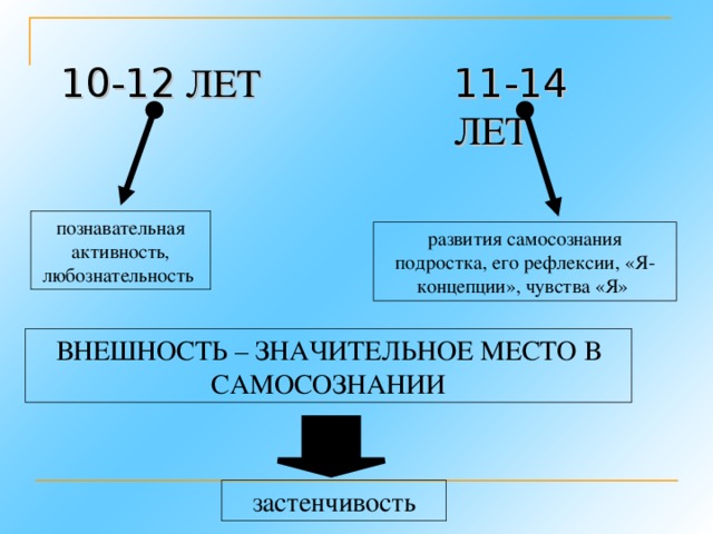 10-12 ЛЕТ 11-14 ЛЕТ познавательная активность, любознательность развития самосознания подростка, его рефлексии, «Я-концепции», чувства «Я» ВНЕШНОСТЬ – ЗНАЧИТЕЛЬНОЕ МЕСТО В САМОСОЗНАНИИ застенчивость