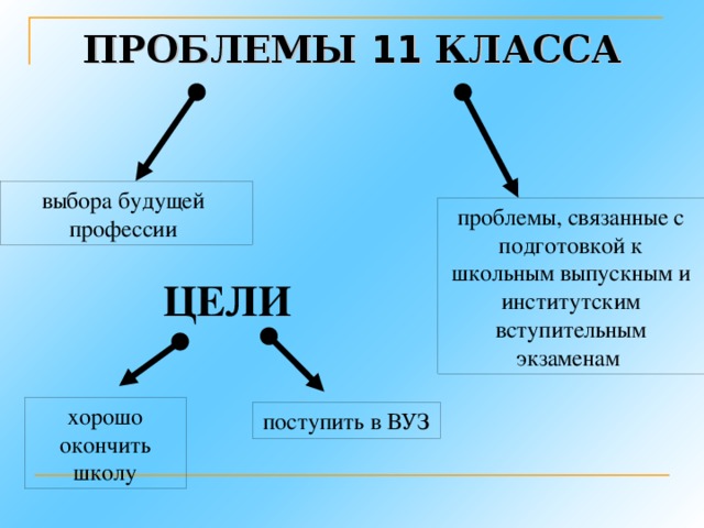 ПРОБЛЕМЫ 11 КЛАССА выбора будущей профессии проблемы, связанные с подготовкой к школьным выпускным и институтским вступительным экзаменам ЦЕЛИ хорошо окончить школу поступить в ВУЗ