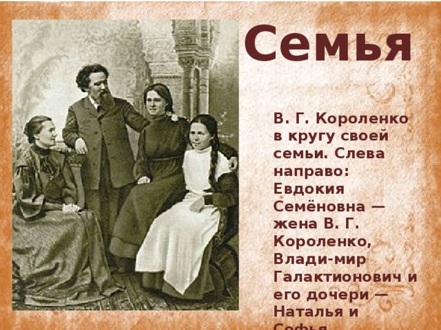Семья В. Г. Короленко в кругу своей семьи. Слева направо: Евдокия Семёновна — жена В. Г. Короленко, Влади-мир Галактионович и его дочери — Наталья и Софья.