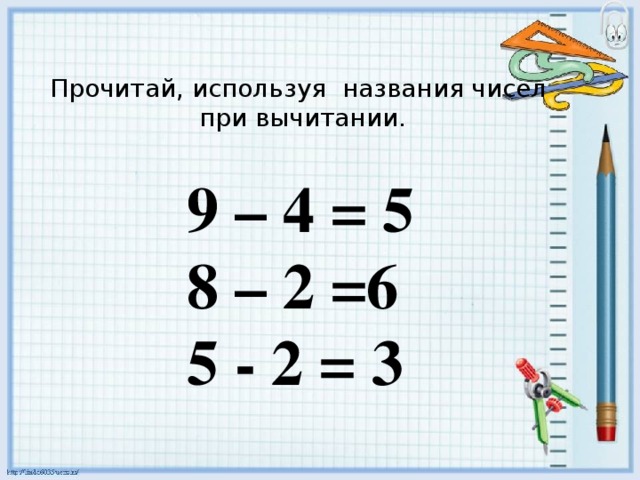 Прочитай, используя названия чисел при вычитании. 9 – 4 = 5 8 – 2 =6 5 - 2 = 3