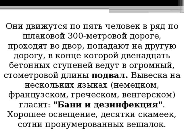 Они движутся по пять человек в ряд по шлаковой 300-метровой дороге, проходят во двор, попадают на другую дорогу, в конце которой двенадцать бетонных ступеней ведут в огромный, стометровой длины подвал. Вывеска на нескольких языках (немецком, французском, греческом, венгерском) гласит: 