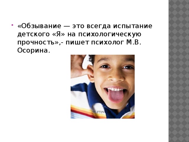 «Обзывание — это всегда испытание детского «Я» на психологическую прочность»,- пишет психолог М.В. Осорина.