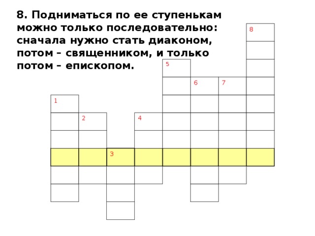 8. Подниматься по ее ступенькам можно только последовательно: сначала нужно стать диаконом, потом – священником, и только потом – епископом. 8 5 6 7 1 4 2 3