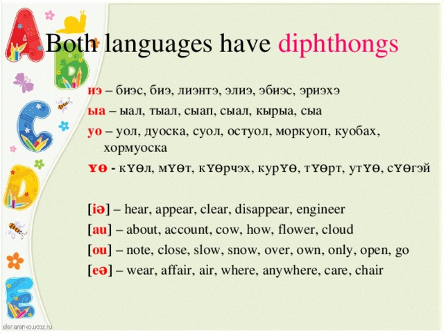 Both languages have diphthongs иэ – биэс, биэ, лиэнтэ, элиэ, эбиэс, эриэхэ ыа – ыал, тыал, сыап, сыал, кырыа, сыа уо – уол, дуоска, суол, остуол, моркуоп, куобах,  хормуоска ʏɵ  - к ʏɵ л, м ʏɵ т, к ʏɵ рчэх, кур ʏɵ , т ʏɵ рт, y т ʏɵ , с ʏɵ гэй [ iə ] – hear, appear, clear, disappear, engineer [ au ] – about, account, cow, how, flower, cloud [ ou ] – note, close, slow, snow, over, own, only, open, go [ eə ] – wear, affair, air, where, anywhere, care, chair