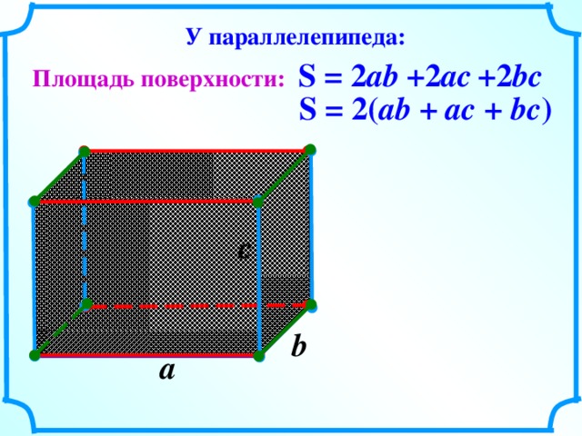 У параллелепипеда: S = 2 ab +2 ac +2 bc Площадь поверхности: S = 2( ab + ac + bc ) c  b  a  8