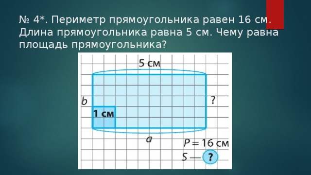 № 4*. Периметр прямоугольника равен 16 см. Длина прямоугольника равна 5 см. Чему равна площадь прямоугольника?