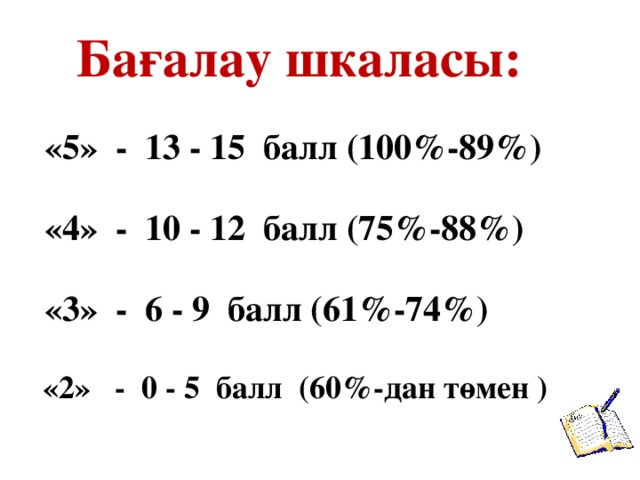 Бағалау шкаласы:  «5» - 13 - 15 балл (100%-89%)   «4» - 10 - 12 балл (75%-88%)   «3» - 6 - 9 балл (61%-74%)   «2» - 0 - 5 балл (60%-дан төмен )
