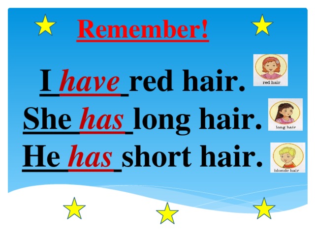Remember! I have  red hair. She has  long hair. He has  short hair.