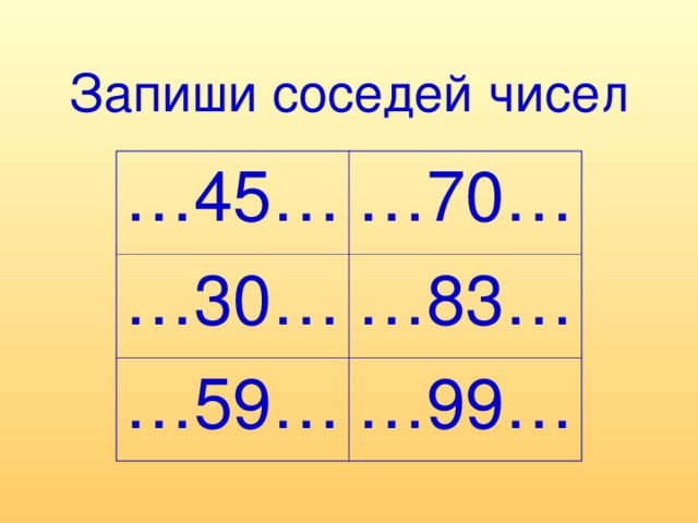 Запиши соседей чисел … 45… … 70… … 30… … 83… … 59… … 99…