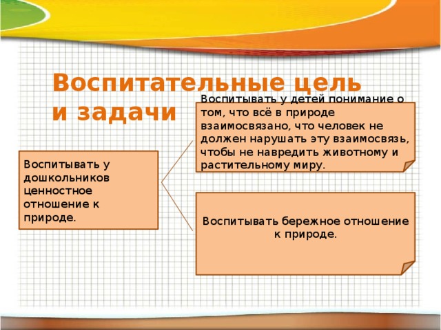 Воспитательные цель и задачи Воспитывать у детей понимание о том, что всё в природе взаимосвязано, что человек не должен нарушать эту взаимосвязь, чтобы не навредить животному и растительному миру. Воспитывать у дошкольников ценностное отношение к природе. Воспитывать бережное отношение к природе.