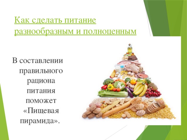 Как сделать питание разнообразным и полноценным   В составлении правильного рациона питания поможет «Пищевая пирамида».