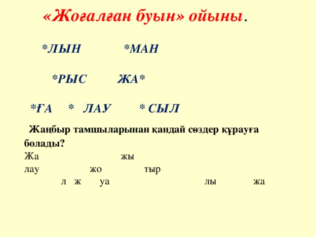 «Жоғалған буын» ойыны .  *ЛЫН *МАН   *РЫС ЖА*   *ҒА * ЛАУ * СЫЛ  Жаңбыр тамшыларынан қандай сөздер құрауға болады? Жа жы лау жо тыр  л ж уа лы жа