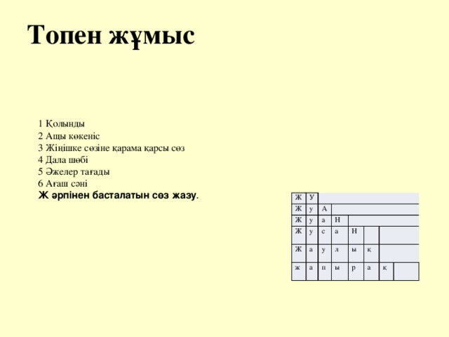 Топен жұмыс    1 Қолынды 2 Ащы көкеніс 3 Жіңішке сөзіне қарама қарсы сөз 4 Дала шөбі 5 Әжелер тағады 6 Ағаш сәні Ж әрпінен басталатын сөз жазу .  Ж У Ж Ж   у Ж у А Ж а у   ж а с Н а у   а л Н п ы ы р қ а қ