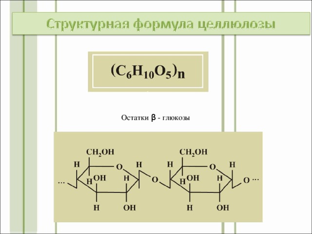 Структурная формула целлюлозы Остатки β - глюкозы