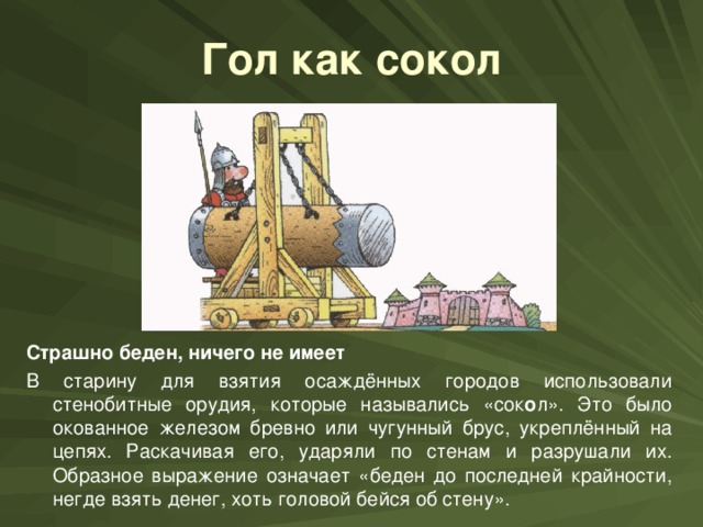 Гол как сокол Страшно беден, ничего не имеет В старину для взятия осаждённых городов использовали стенобитные орудия, которые назывались «сок о л». Это было окованное железом бревно или чугунный брус, укреплённый на цепях. Раскачивая его, ударяли по стенам и разрушали их. Образное выражение означает «беден до последней крайности, негде взять денег, хоть головой бейся об стену».