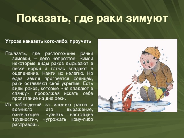 Показать, где раки зимуют Угроза наказать кого-либо, проучить  Показать, где расположены рачьи зимовки, – дело непростое. Зимой некоторые виды раков вырывают в песке норки и тотчас впадают в оцепенение. Найти их нелегко. Но едва земля прогреется солнцем, раки оставляют своё укрытие. Есть виды раков, которые «не впадают в спячку», продолжая искать себе пропитание на дне реки. Из наблюдений за жизнью раков и возникло это выражение, означающее «узнать настоящие трудности», «угрожать кому-либо расправой».