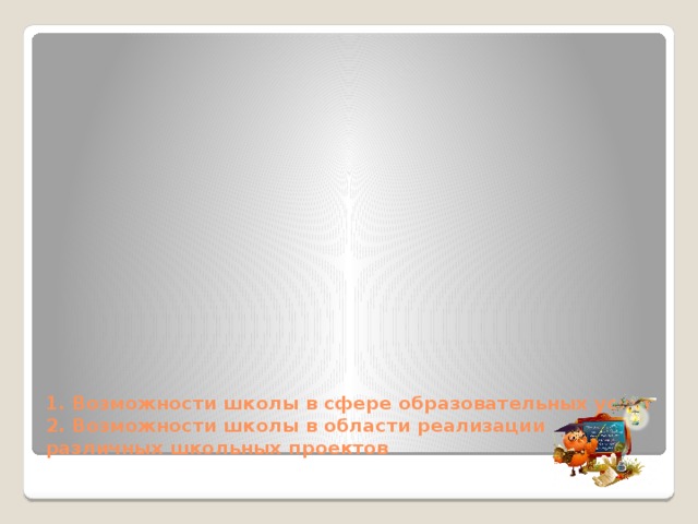 1. Возможности школы в сфере образовательных услуг  2. Возможности школы в области реализации различных школьных проектов