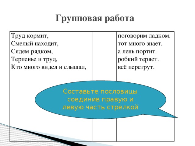 Групповая работа Труд кормит, Смелый находит, Сядем рядком, поговорим ладком. Терпенье и труд, тот много знает. Кто много видел и слышал, а лень портит. робкий теряет. всё перетрут. Составьте пословицы соединив правую и левую часть стрелкой