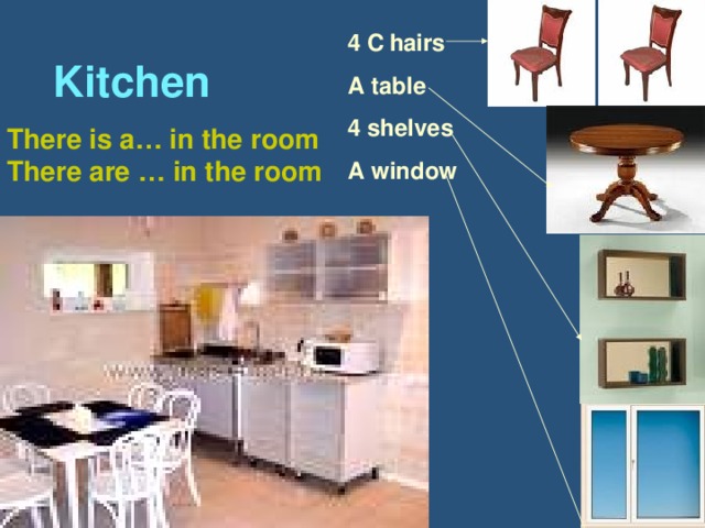 Kitchen 4 C  hairs A table 4 shelves A window There is a… in the room There are … in the room