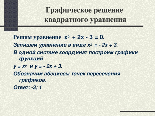 Графическое решение  квадратного уравнения Решим уравнение х 2  + 2х - 3 = 0. Запишем уравнение в виде х 2  = - 2х + 3. В одной системе координат построим графики функций у = х 2  и у = - 2х + 3. Обозначим абсциссы точек пересечения графиков. Ответ: -3; 1