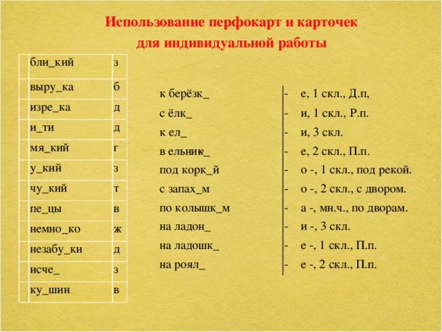 Использование перфокарт и карточек для индивидуальной работы   бли_кий   з выру_ка   б изре_ка     д и_ти   мя_кий д у_кий   г з чу_кий   т   пе_цы в немно_ко   ж незабу_ки     д исче_ з ку_шин в к берёзк_ - е, 1 скл., Д.п, с ёлк_ - и, 1 скл., Р.п. к ел_ - и, 3 скл. в ельник_ - е, 2 скл., П.п. под корк_й - о -, 1 скл., под рекой. с запах_м - о -, 2 скл., с двором. по колышк_м - а -, мн.ч., по дворам. на ладон_ - и -, 3 скл. на ладошк_ - е -, 1 скл., П.п. на роял_ - е -, 2 скл., П.п.