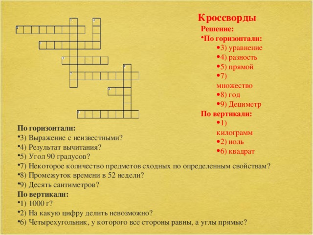 Кроссворды Решение:  По горизонтали:  3) уравнение 4) разность 5) прямой 7) множество 8) год 9) Дециметр 3) уравнение 4) разность 5) прямой 7) множество 8) год 9) Дециметр По вертикали:  1) килограмм 2) ноль 6) квадрат 1) килограмм 2) ноль 6) квадрат По горизонтали:  3) Выражение с неизвестными? 4) Результат вычитания? 5) Угол 90 градусов? 7) Некоторое количество предметов сходных по определенным свойствам? 8) Промежуток времени в 52 недели? 9) Десять сантиметров? По вертикали: