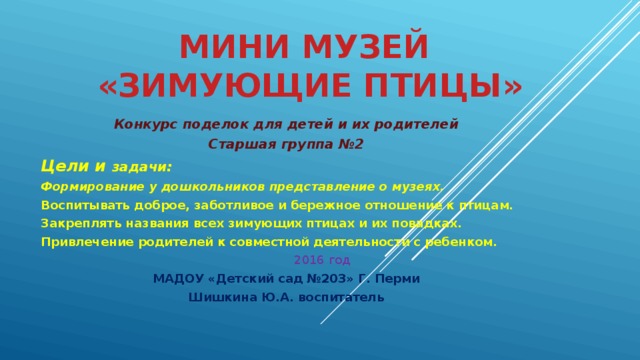 Мини музей  «Зимующие птицы»   Конкурс поделок для детей и их родителей Старшая группа №2 Цели и задачи: Формирование у дошкольников представление о музеях. Воспитывать доброе, заботливое и бережное отношение к птицам. Закреплять названия всех зимующих птицах и их повадках. Привлечение родителей к совместной деятельности с ребенком.  2016 год МАДОУ «Детский сад №203» Г. Перми Шишкина Ю.А. воспитатель