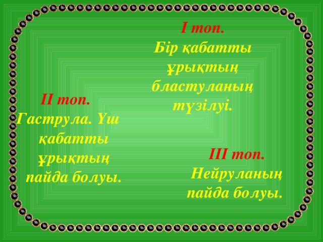 І топ. Бір қабатты ұрықтың бластуланың түзілуі. ІІ топ. Гаструла. Үш қабатты ұрықтың пайда болуы.     ІІІ топ. Нейруланың пайда болуы.