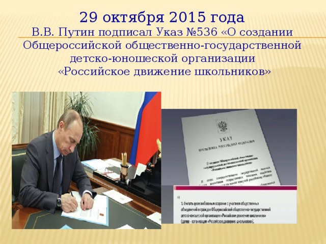 29 октября 2015 года В.В. Путин подписал Указ №536 «О создании Общероссийской общественно-государственной детско-юношеской организации «Российское движение школьников»