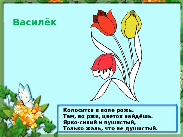 Василёк Колосится в поле рожь. Там, во ржи, цветок найдёшь. Ярко-синий и пушистый, Только жаль, что не душистый.