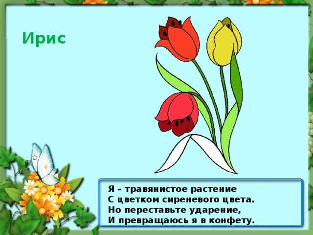 Ирис Я – травянистое растение С цветком сиреневого цвета. Но переставьте ударение, И превращаюсь я в конфету.