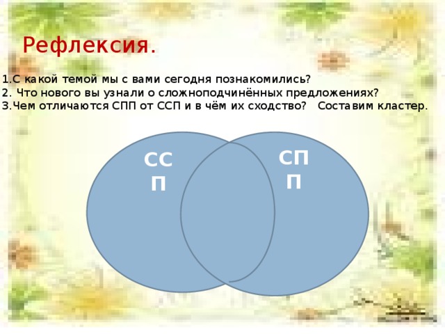 Рефлексия. 1.С какой темой мы с вами сегодня познакомились? 2. Что нового вы узнали о сложноподчинённых предложениях? 3.Чем отличаются СПП от ССП и в чём их сходство? Составим кластер. СПП ССП