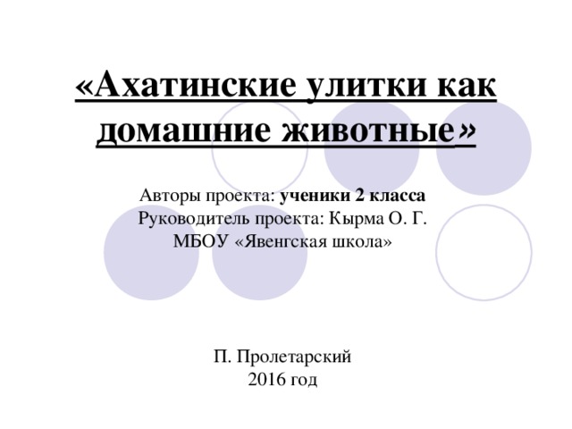 «Ахатинские улитки как домашние животные » Авторы проекта: ученики 2 класса Руководитель проекта:  Кырма О. Г. МБОУ «Явенгская школа» П. Пролетарский 2016 год