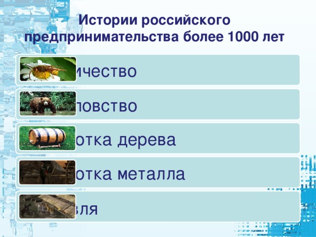 Истории российского предпринимательства более 1000 лет Бортничество  Звероловство Обработка дерева Обработка металла Торговля