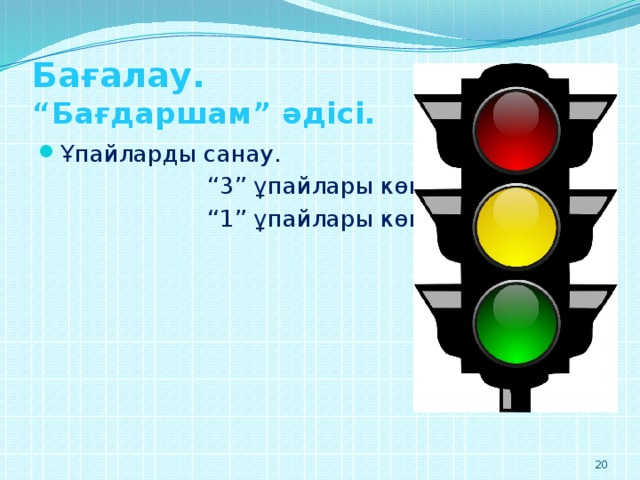 Бағалау.  “Бағдаршам” әдісі. Ұпайларды санау. “ 3” ұпайлары көп – “5” “ 1” ұпайлары көп – “4”