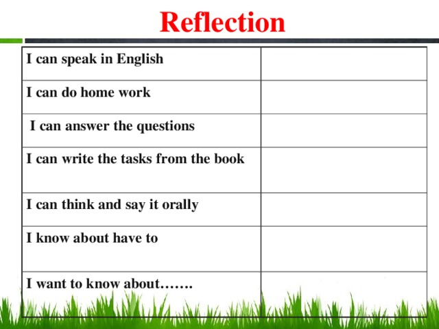 Reflection I can speak in English I can do home work  I can answer the questions I can write the tasks from the book  I can think and say it orally I know about have to  I want to know about…….