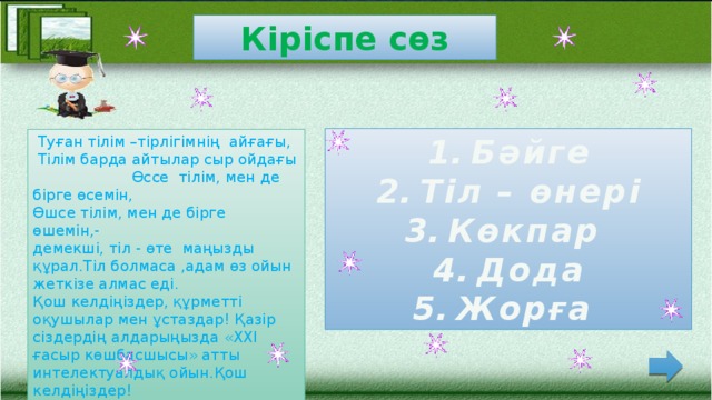 Кіріспе сөз Бәйге Тіл – өнері Көкпар Дода Жорға  Туған тілім –тірлігімнің айғағы,  Тілім барда айтылар сыр ойдағы Өссе тілім, мен де бірге өсемін, Өшсе тілім, мен де бірге өшемін,-  демекші, тіл - өте маңызды құрал.Тіл болмаса ,адам өз ойын жеткізе алмас еді. Қош келдіңіздер, құрметті оқушылар мен ұстаздар! Қазір сіздердің алдарыңызда «ХХІ ғасыр көшбасшысы» атты интелектуалдық ойын.Қош келдіңіздер!