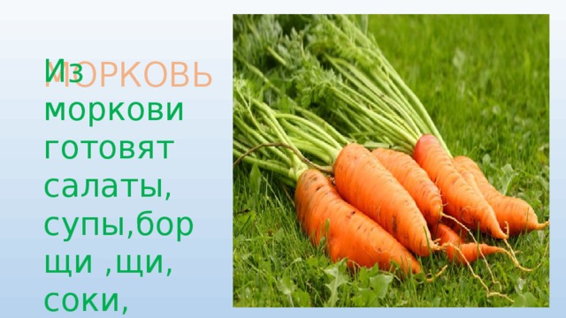 МОРКОВЬ Из моркови готовят салаты, супы,борщи ,щи, соки,