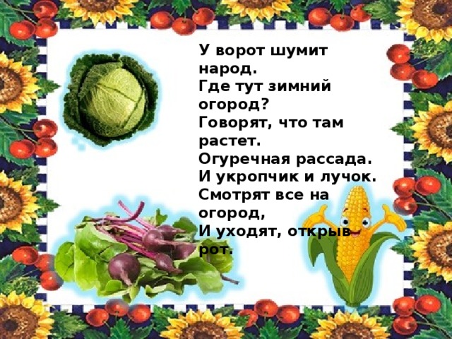 Текст летом у нас на грядках появились. У ворот шумит народ,где тут зимний огород. Расскажите о своём огороде что там растет. Что за чудо огород посмотрите что растет. Есть у нас огород там своя морковь растет текст.