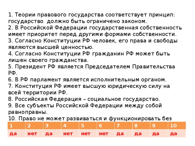 1. Теории правового государства соответствует принцип: государство должно быть ограничено законом.  2. В Российской Федерации государственная собственность имеет приоритет перед другими формами собственности.  3. Согласно Конституции РФ человек, его права и свободы являются высшей ценностью.  4. Согласно Конституции РФ гражданин РФ может быть лишен своего гражданства.  5. Президент РФ является Председателем Правительства РФ.  6. В РФ парламент является исполнительным органом.  7. Конституция РФ имеет высшую юридическую силу на всей территории РФ.  8. Российская Федерация – социальное государство.  9. Все субъекты Российской Федерации между собой равноправны.  10. Право не может развиваться и функционировать без государства.  Ответ:    1 да 2 3 нет 4 да 5 нет нет 6 нет 7 8 да 9 да да 10 да