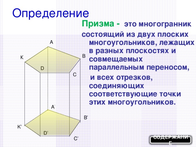 Определение Призма -  это многогранник состоящий из двух плоских многоугольников, лежащих в разных плоскостях и совмещаемых параллельным переносом,  и всех отрезков, соединяющих соответствующие точки  этих многоугольников. А В К D С A ’ B’ K’ D’ C’ СОДЕРЖАНИЕ