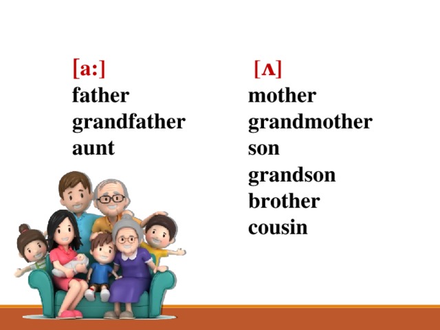 [ a: ]     [ ʌ ]  father    mother grandfather   grandmother aunt     son     grandson     brother     cousin