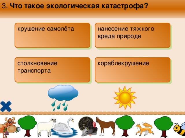 3. Что такое экологическая катастрофа?  крушение самолёта  нанесение тяжкого вреда природе   столкновение транспорта  кораблекрушение