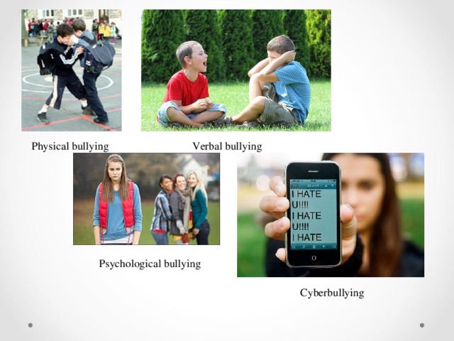 Physical bullying Verbal bullying  Psychological bullying  Cyberbullying