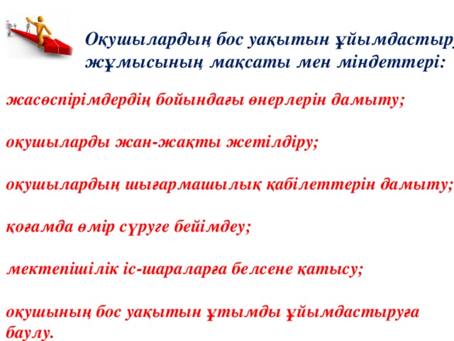 Оқушылардың бос уақытын ұйымдастыру жұмысының мақсаты мен міндеттері: жасөспірімдердің бойындағы өнерлерін дамыту;  оқушыларды жан-жақты жетілдіру;  оқушылардың шығармашылық қабілеттерін дамыту;  қоғамда өмір сүруге бейімдеу;  мектепішілік іс-шараларға белсене қатысу;  оқушының бос уақытын ұтымды ұйымдастыруға баулу.