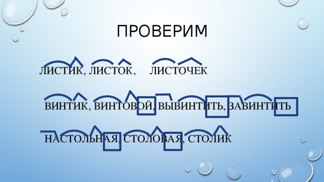 Проверим   Листик, листок, листочек  Винтик, винтовой, вывинтить, завинтить  Настольная, Столовая, столик 8