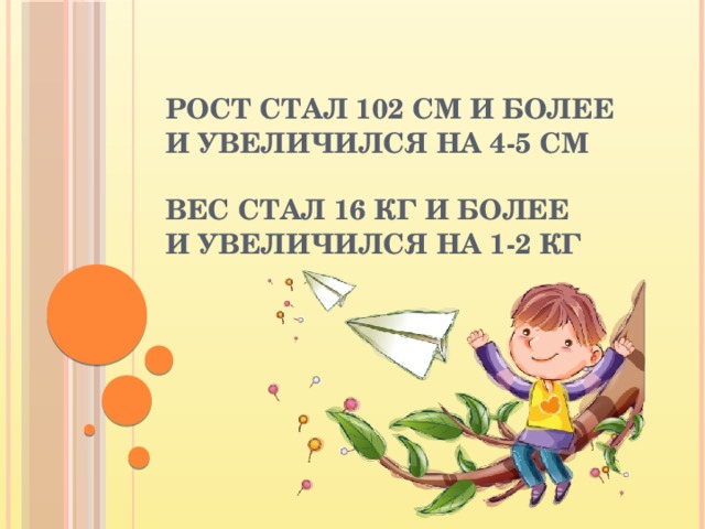 рост стал 102 см и более  и увеличился на 4-5 см   вес стал 16 кг и более  и увеличился на 1-2 кг