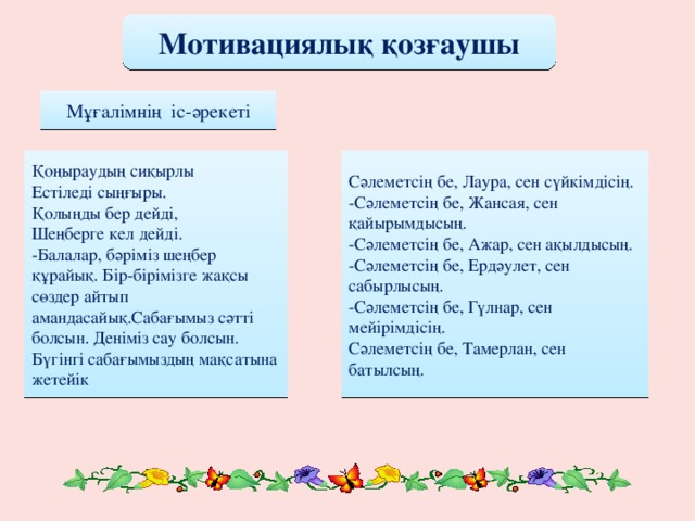 Мотивациялық қозғаушы Мұғалімнің іс-әрекеті Қоңыраудың сиқырлы Сәлеметсің бе, Лаура, сен сүйкімдісің. Естіледі сыңғыры. -Сәлеметсің бе, Жансая, сен қайырымдысың. Қолыңды бер дейді, -Сәлеметсің бе, Ажар, сен ақылдысың. Шеңберге кел дейді. -Сәлеметсің бе, Ердәулет, сен сабырлысың. -Балалар, бәріміз шеңбер құрайық. Бір-бірімізге жақсы сөздер айтып амандасайық.Сабағымыз сәтті болсын. Деніміз сау болсын. Бүгінгі сабағымыздың мақсатына жетейік -Сәлеметсің бе, Гүлнар, сен мейірімдісің. Сәлеметсің бе, Тамерлан, сен батылсың.