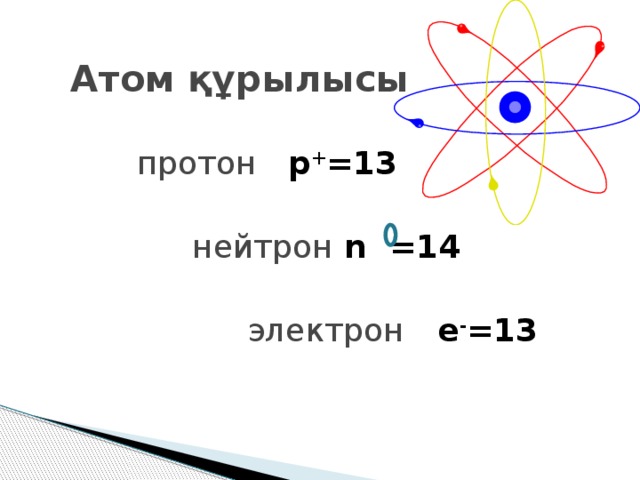 Атом құрылысы протон p + =13   нейтрон n =14   электрон e - =13