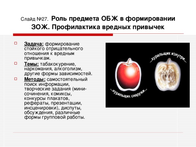 Слайд №27.  Роль предмета ОБЖ в формировании ЗОЖ.  Профилактика вредных привычек